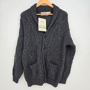 NWT 100% Merino Wool Aran Crafts Cardigan Sweater Mens L Charcoal Gray Cozy